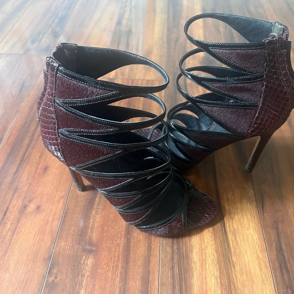 Brian Atwood Lynnden Strappy Calf Hair Sandal, Dark Red